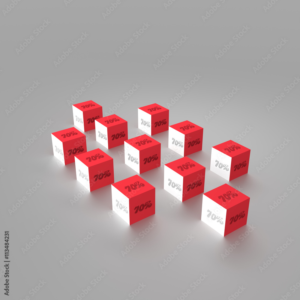 Obraz premium 3d rendering of cube with 70 percent sign