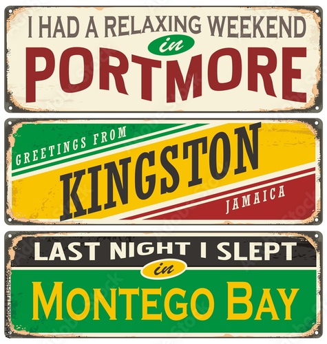 Retro tin sign collection with cities in Jamaica