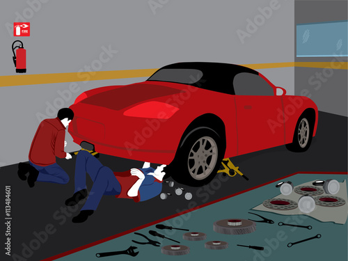 taller, carro, reparar, mecanicos, trabajando, rojo, deportigo,