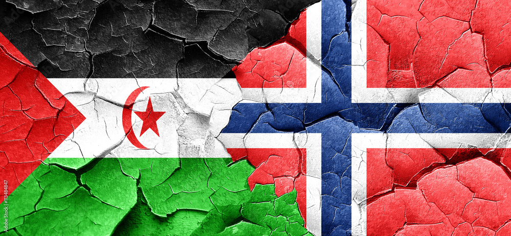 Western sahara flag with Norway flag on a grunge cracked wall Western sahara flag with Norway flag on a grunge cracked wall