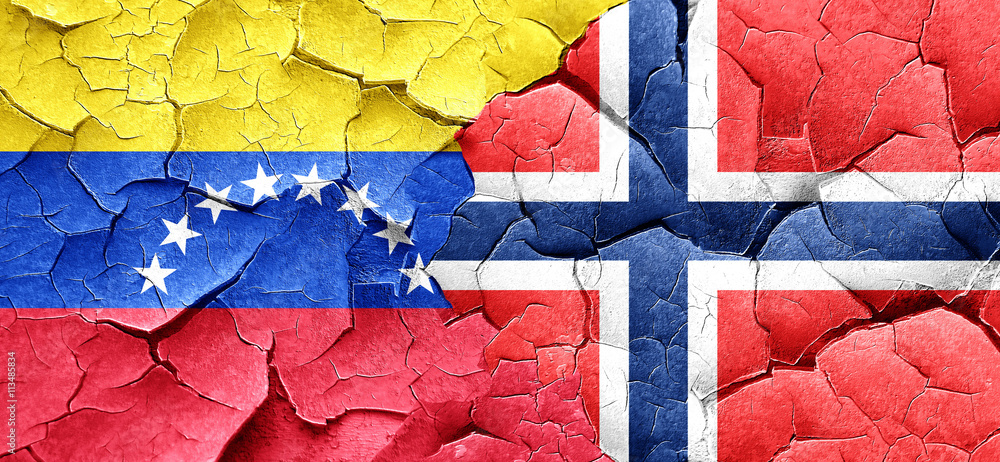Venezuela flag with Norway flag on a grunge cracked wall Venezuela flag with Norway flag on a grunge cracked wall