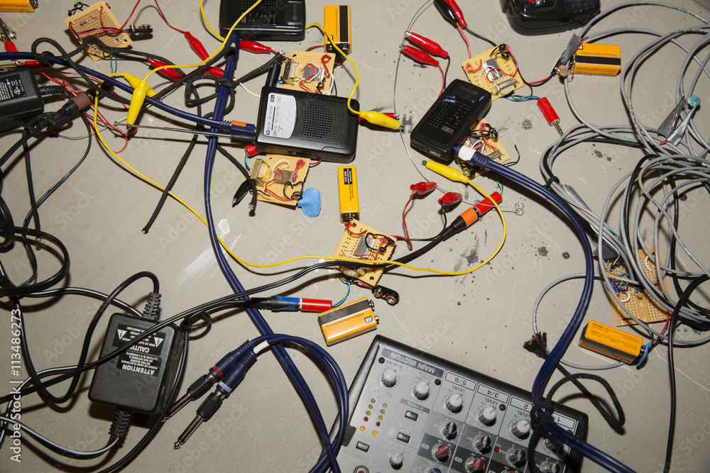 Overhead view of electrical equipment on floor Overhead view of electrical equipment on floor