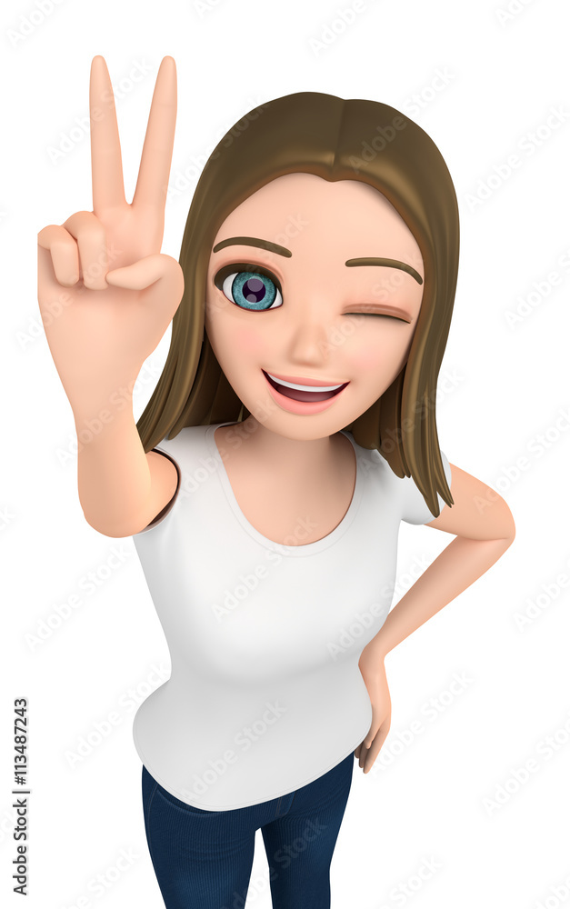 3D illustration character - The girl who wore a T-shirt does a V sign. 3D illustration character - The girl who wore a T-shirt does a V sign.