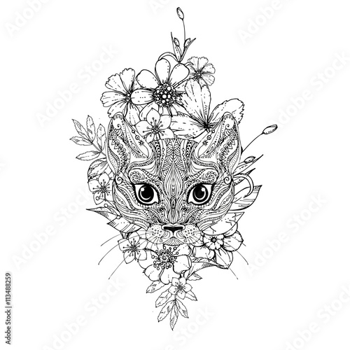 hand drawn ink doodle cat and flowers on white background. Coloring page - zendala, design for adults, poster, print, t-shirt, invitation, banners, flyers.