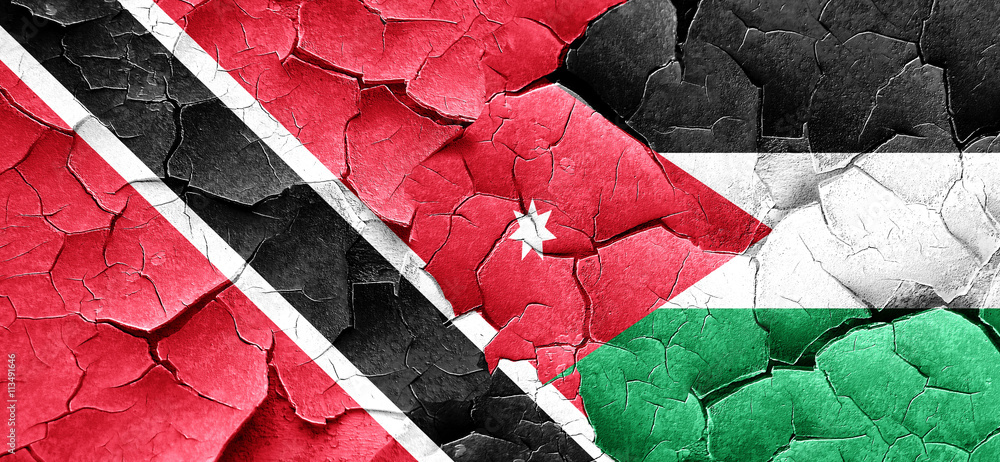Trinidad and tobago flag with Jordan flag on a grunge cracked wa Trinidad and tobago flag with Jordan flag on a grunge cracked wa