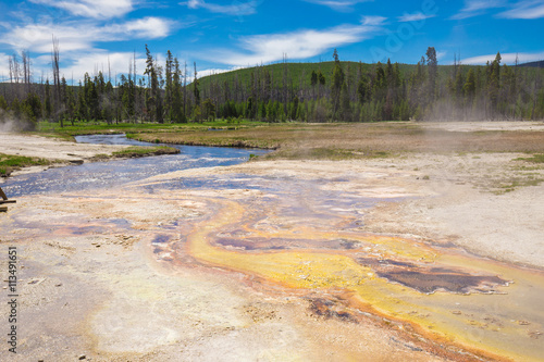 Beautiful cinematic view of nature landscape in the American West under the blue cloudy sky. Geyser.