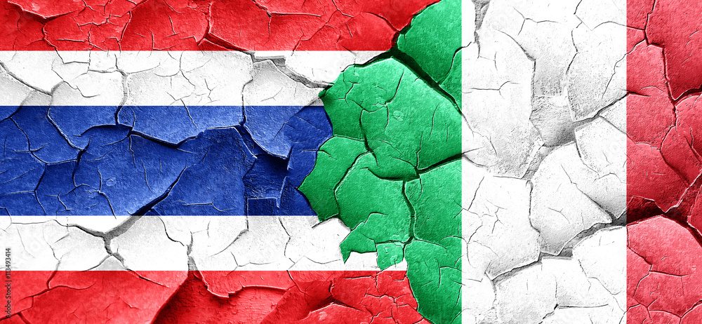 Thailand flag with Italy flag on a grunge cracked wall
