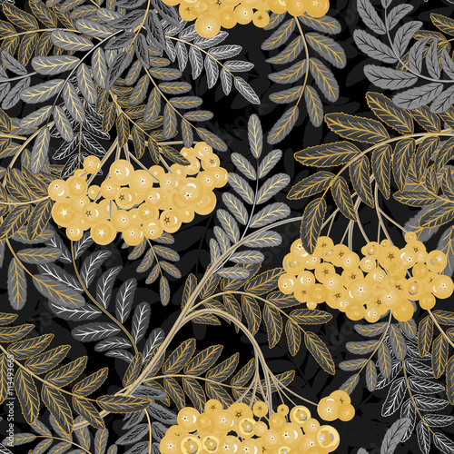 Seamless pattern with leaves and ash-berry rowanberry. Vector illustration