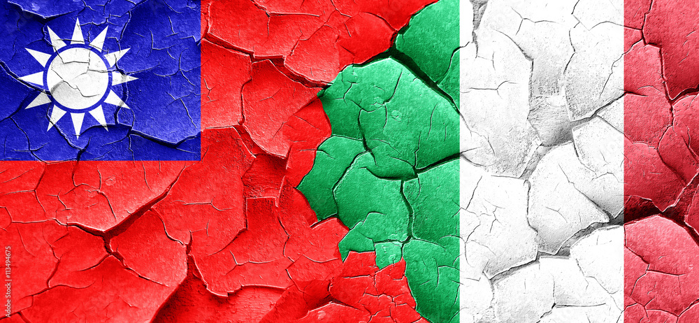 Taiwan flag with Italy flag on a grunge cracked wall