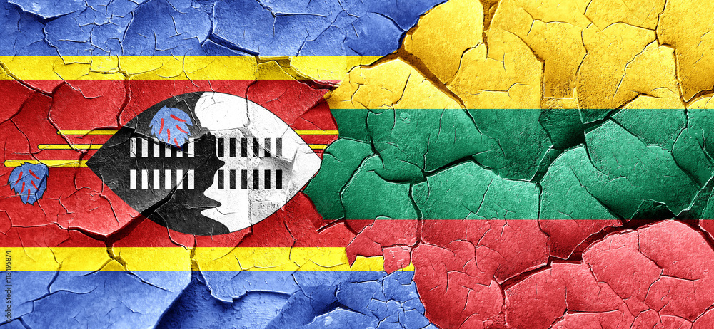 Swaziland flag with Lithuania flag on a grunge cracked wall