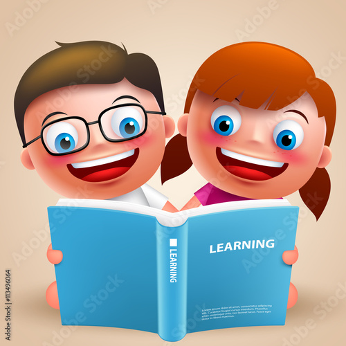 Kids reading book vector characters with happy smile and wearing eyeglasses for school design. Vector illustration
