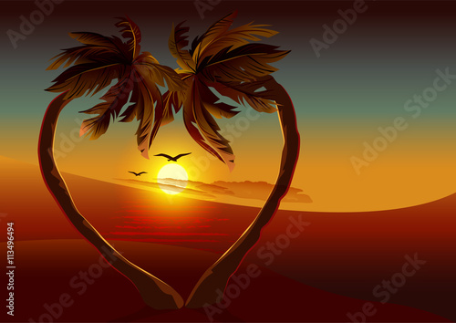 Night tropical island. Two palm tree in shape of heart