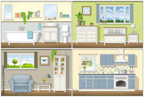 Illustration with four classic residential interiors