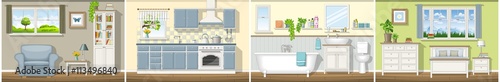 Illustration with four classic residential interiors, panorama