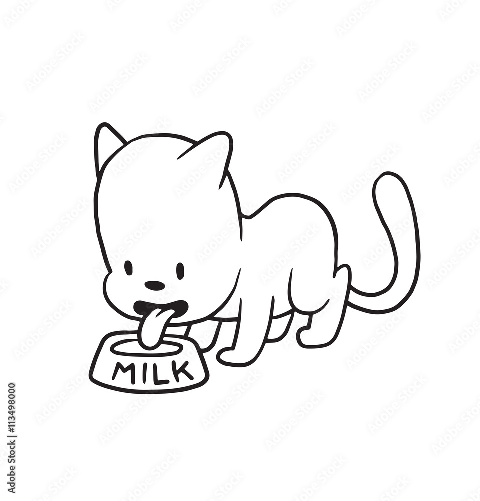 Vector cartoon image of a cute little black-white cat drinking milk from a  bowl on a white background. Made in monochrome style. Positive character.  Vector illustration. Stock Vector | Adobe Stock