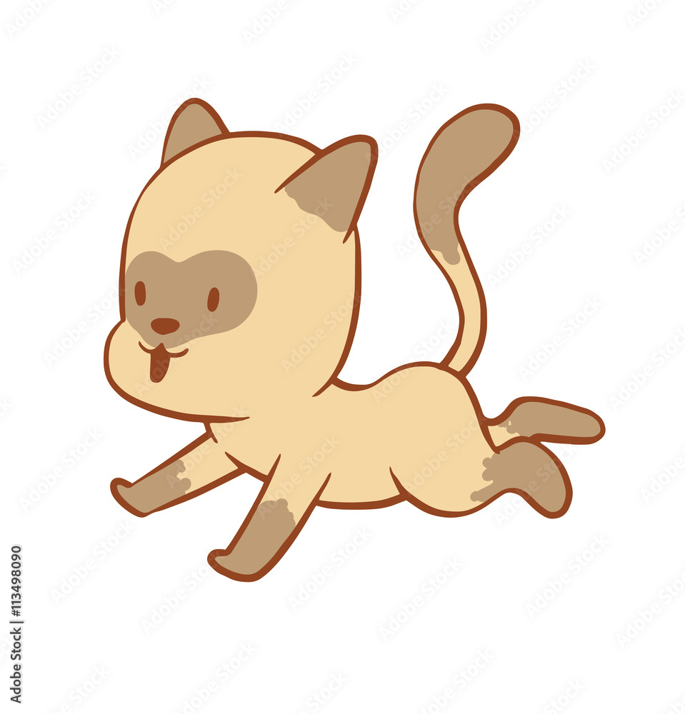 Vector cartoon image of a cute little beige-gray cat running and smiling on a white background. Color image with a brown tracings. Kitten. Positive character. Vector illustration. Vector cartoon image of a cute little beige-gray cat running and smiling on a white background. Color image with a brown tracings. Kitten. Positive character. Vector illustration.