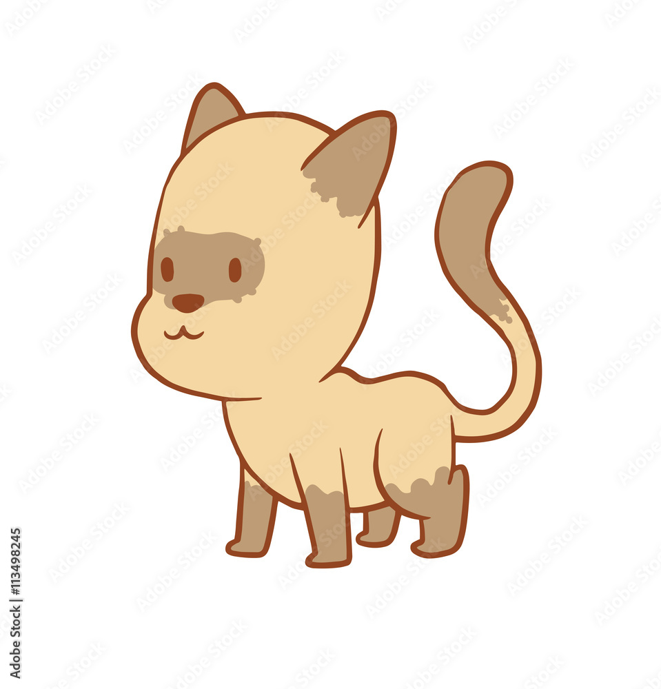 Vector cartoon image of a cute little beige-gray cat standing and smiling on a white background. Color image with a brown tracings. Kitten. Positive character. Vector illustration. Vector cartoon image of a cute little beige-gray cat standing and smiling on a white background. Color image with a brown tracings. Kitten. Positive character. Vector illustration.