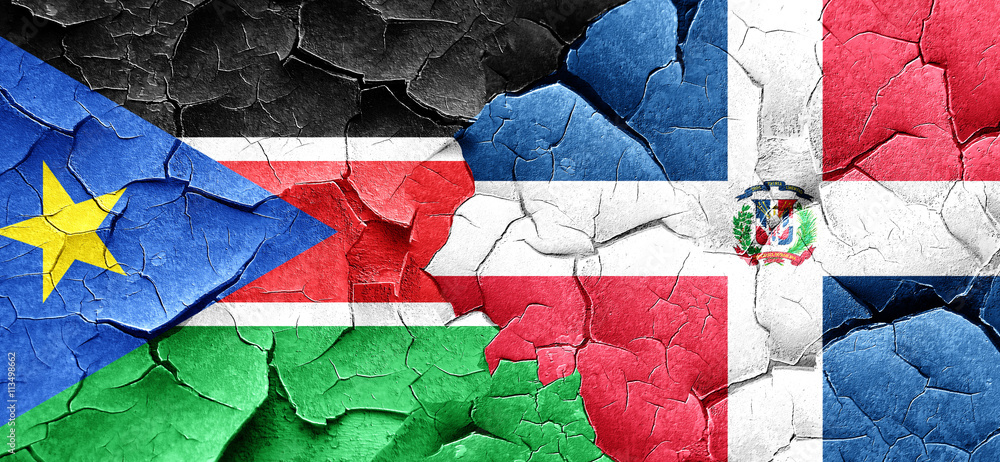 south sudan flag with Dominican Republic flag on a grunge cracke south sudan flag with Dominican Republic flag on a grunge cracke