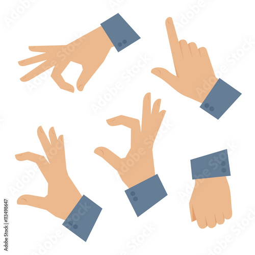 Human hand set on a white background. Vector flat illustration of man hands in various situations. Vector infographic elements for web design, internet, presentation, brochure, booklet.