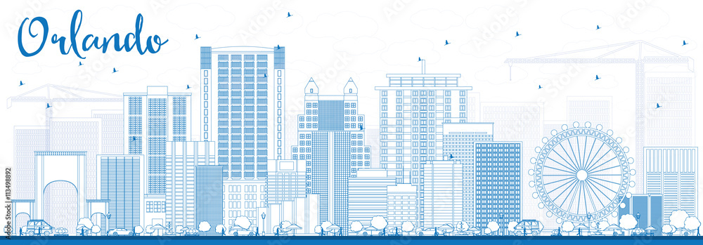 Outline Orlando Skyline with Blue Buildings.