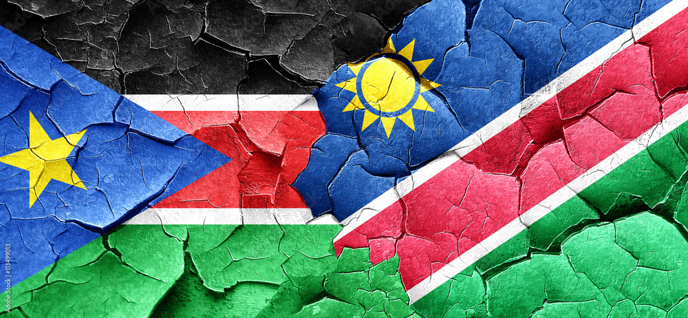 south sudan flag with Namibia flag on a grunge cracked wall