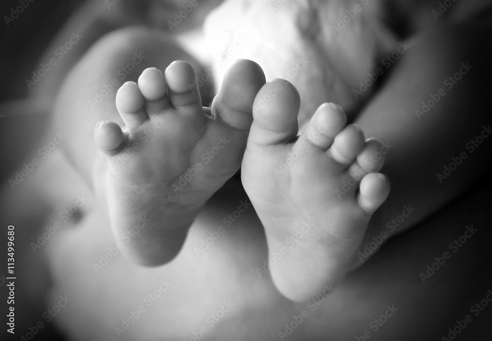 Photo of newborn baby feet in soft focus - black and white Photo of newborn baby feet in soft focus - black and white