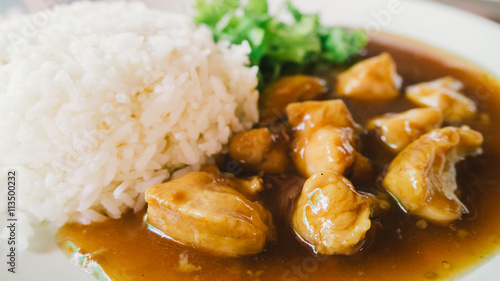 rice chicken with sauce.