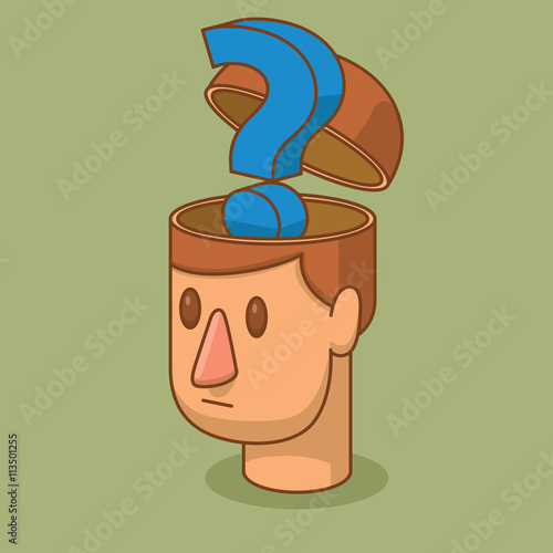 Vector cartoon image of the head of a man with brown hair and with an open braincase from which appears the big blue question mark on a green background. Business, success. Vector illustration.