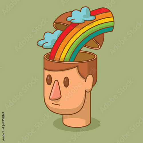 Vector cartoon image of the head of a man with brown hair and with an open braincase from which appears the rainbow and clouds on a green background. Love, feelings. Vector illustration.