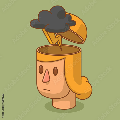 Vector cartoon image of the head of a woman with blond hair and with an open braincase from which appears a black cloud with lightning on a green background. Anger, depression. Vector illustration.