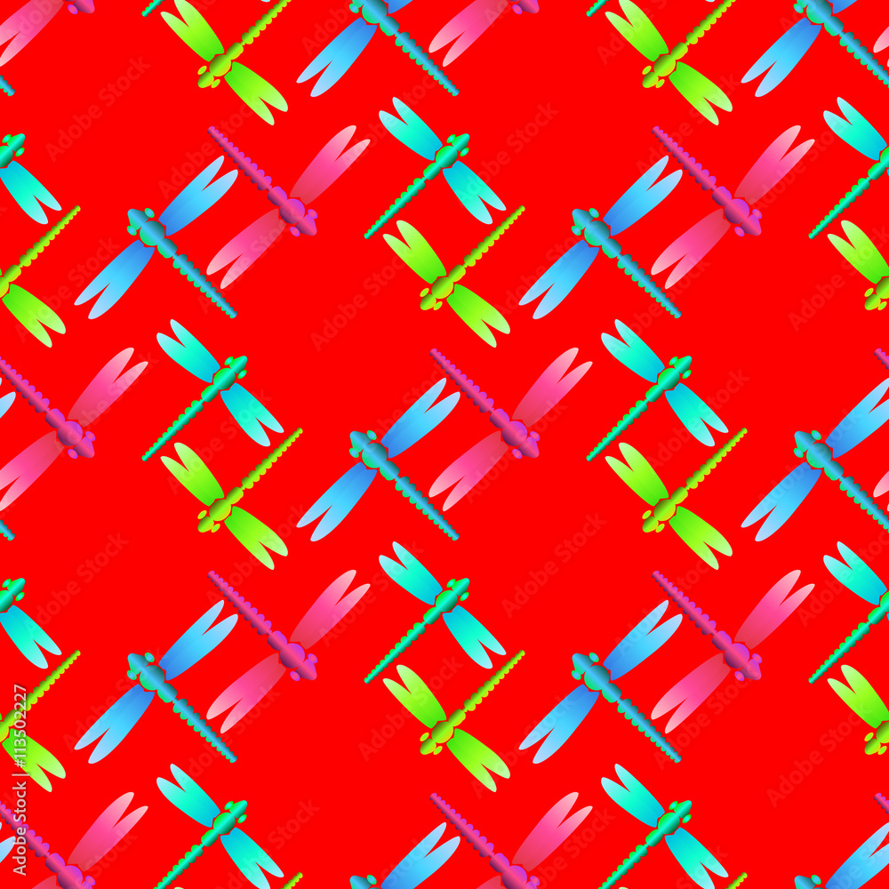 Obraz premium dragonfly green blue pink red seamless pattern