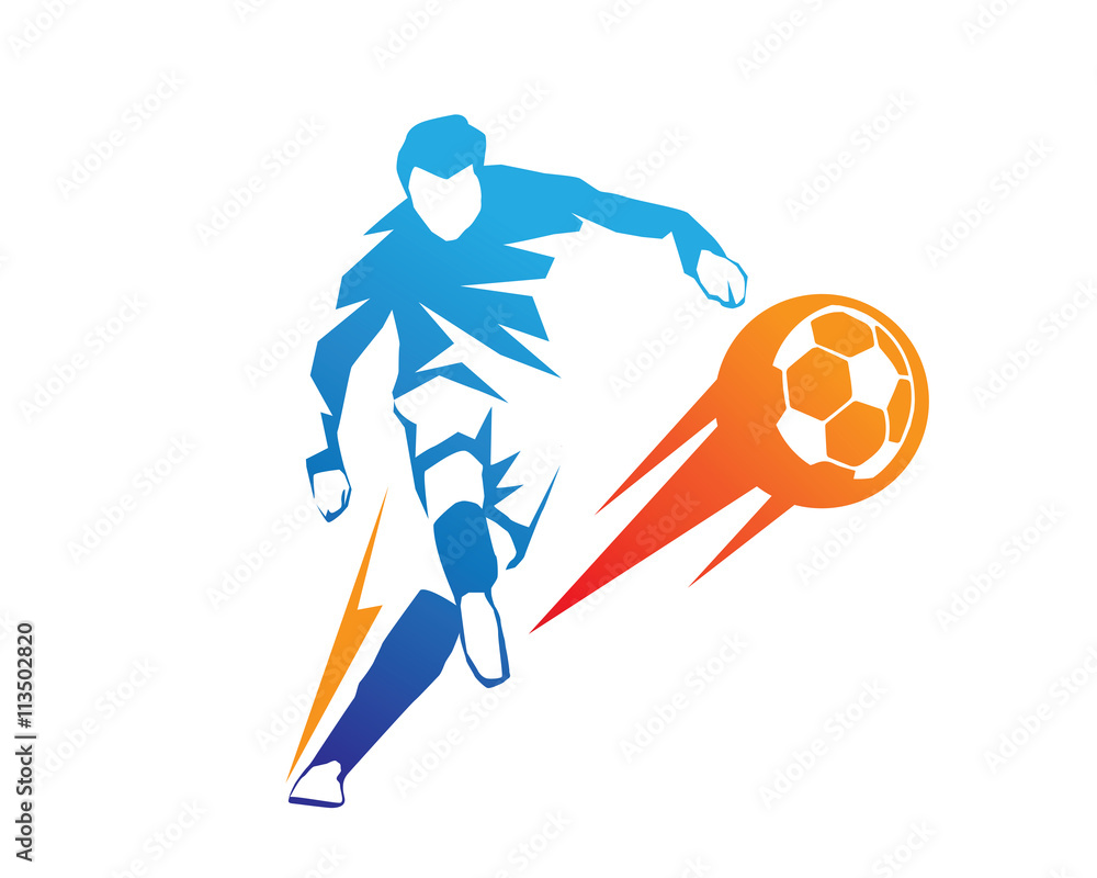 Naklejka premium Modern Soccer Player In Action Logo - Ball On Fire Penalty Kick