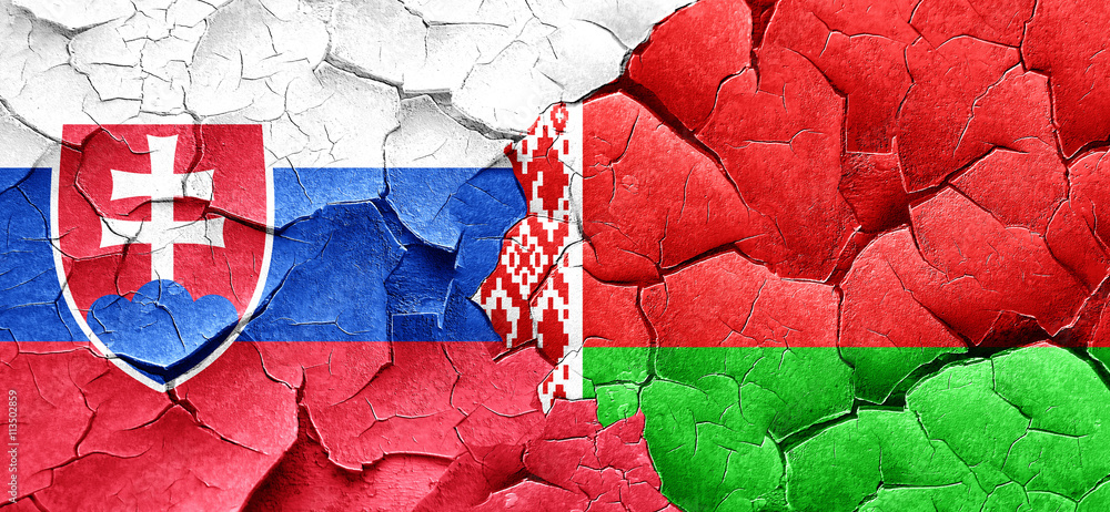 Slovakia flag with Belarus flag on a grunge cracked wall