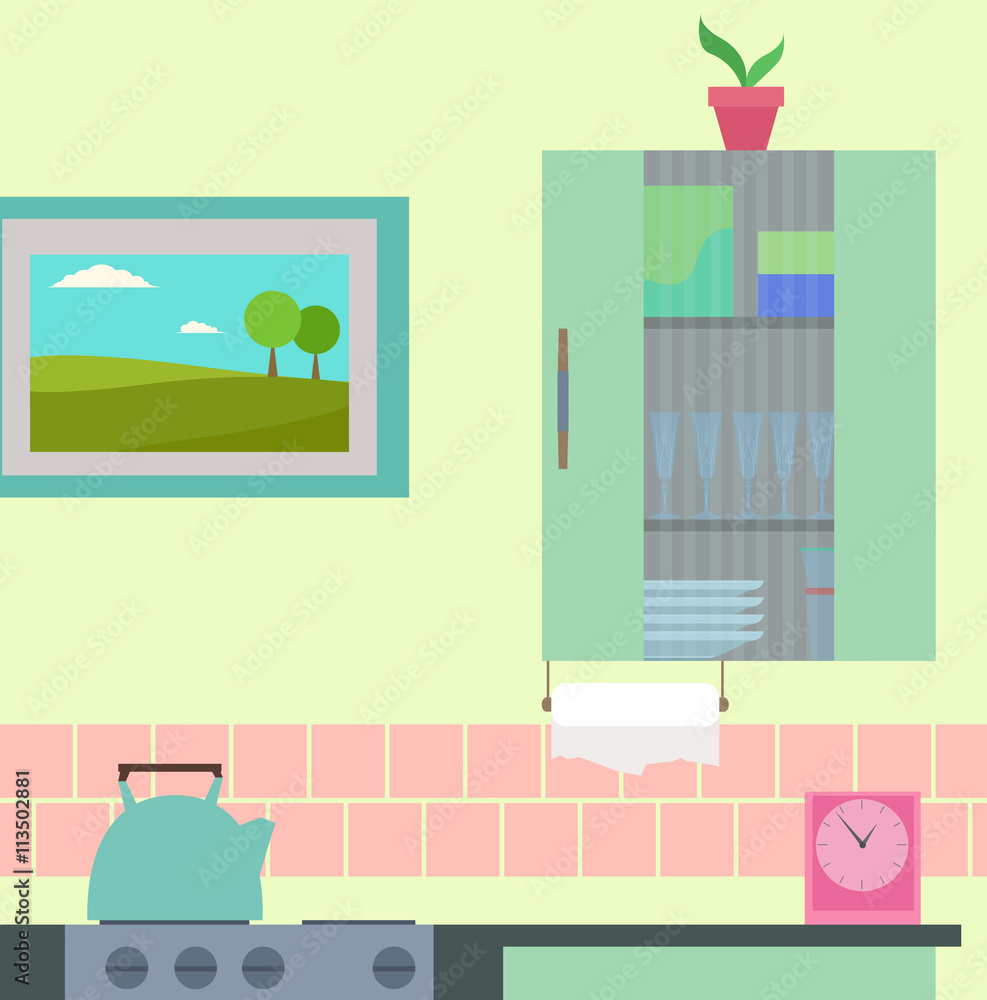 Fototapeta premium Flat illustration kitchen with different elements. Vector illustration for your creativity