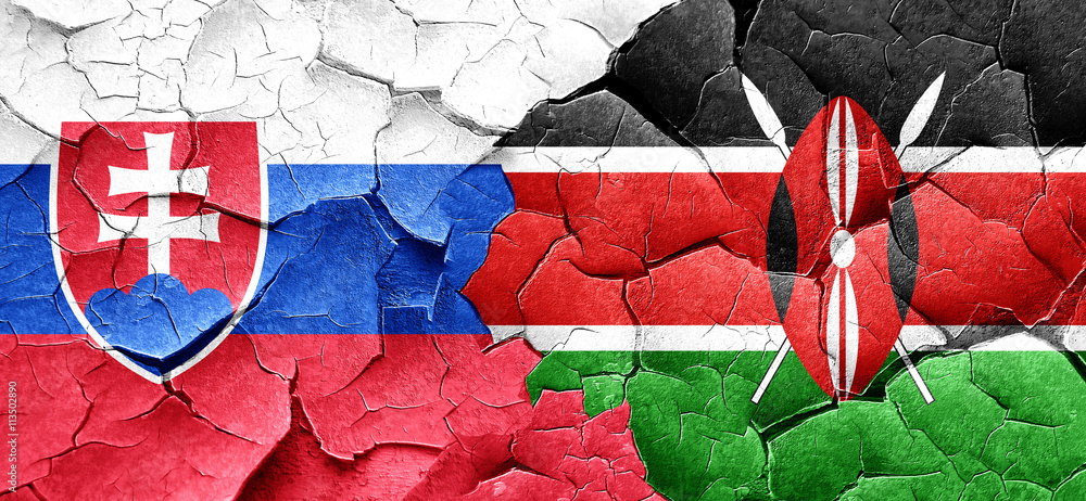 Slovakia flag with Kenya flag on a grunge cracked wall Slovakia flag with Kenya flag on a grunge cracked wall