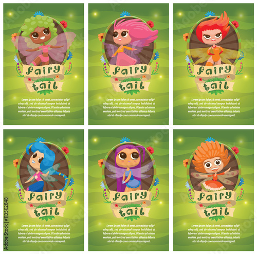 Vector set of leaflets with round green-brown frame with colorful flowers and with cartoon image of cute female fairies with big eyes, wings and with different hair colors on a green background.