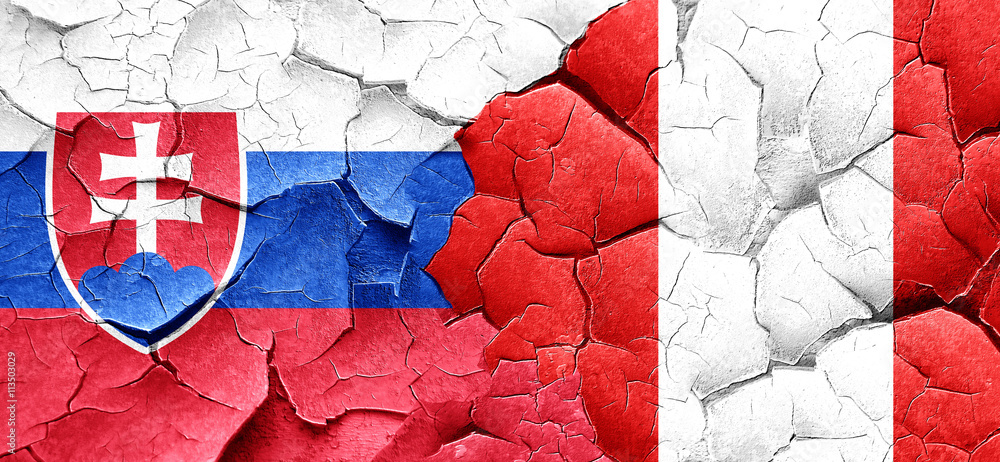 Slovakia flag with Peru flag on a grunge cracked wall Slovakia flag with Peru flag on a grunge cracked wall