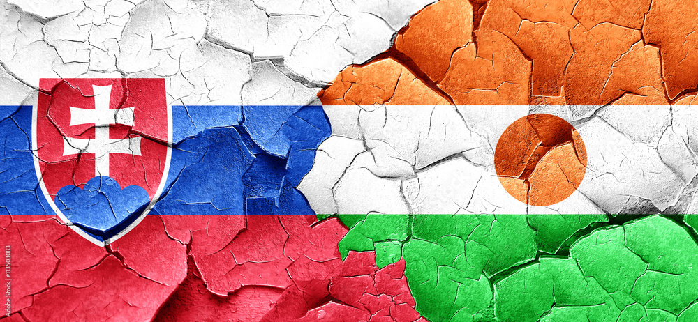 Slovakia flag with Niger flag on a grunge cracked wall
