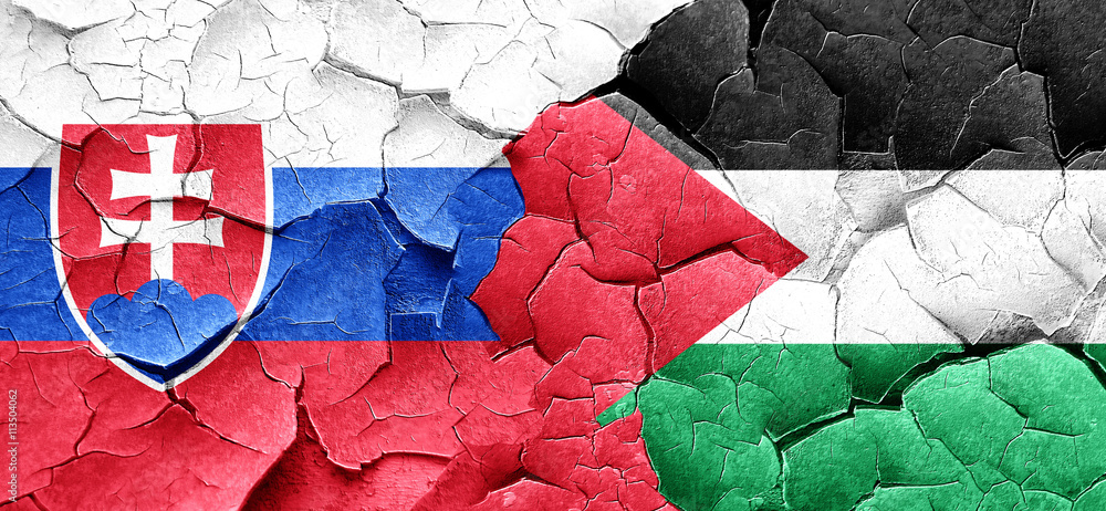 Slovakia flag with Palestine flag on a grunge cracked wall