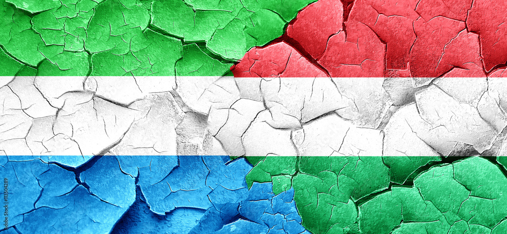 Sierra Leone flag with Hungary flag on a grunge cracked wall
