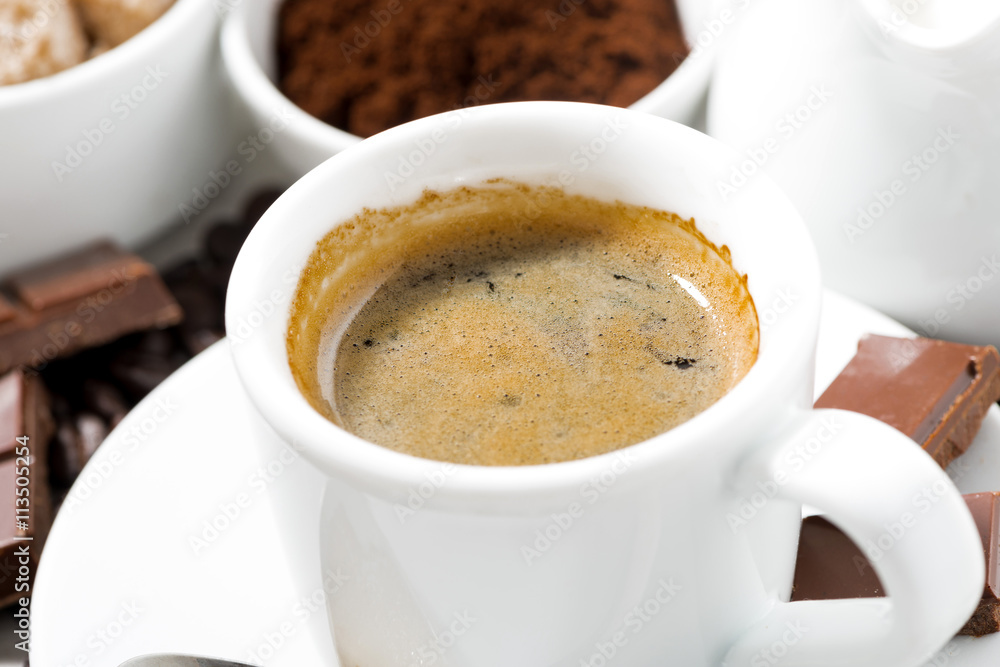 fresh coffee, chocolates and sweets, closeup fresh coffee, chocolates and sweets, closeup