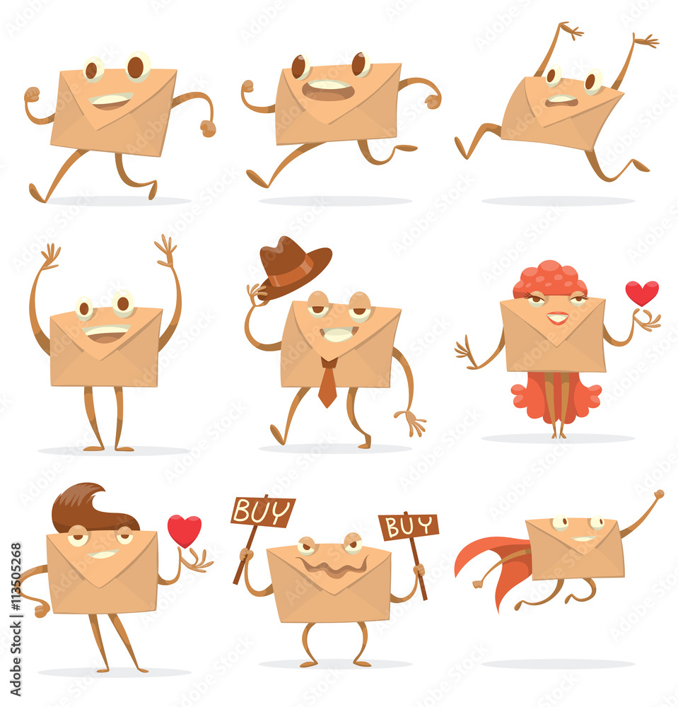 Vector set of cartoon images of different beige envelopes with eyes, arms and legs standing on a white background. Different types of letters. Icon e-mail. Vector illustration.