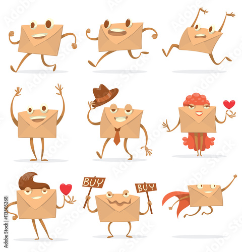 Vector set of cartoon images of different beige envelopes with eyes, arms and legs standing on a white background. Different types of letters. Icon e-mail. Vector illustration.