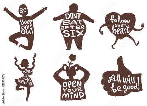 Vector set of six motivational cards with cartoon images of black silhouettes of human hand, heart, man, woman with variety of motivational inscriptions on a white background. Vector illustration.