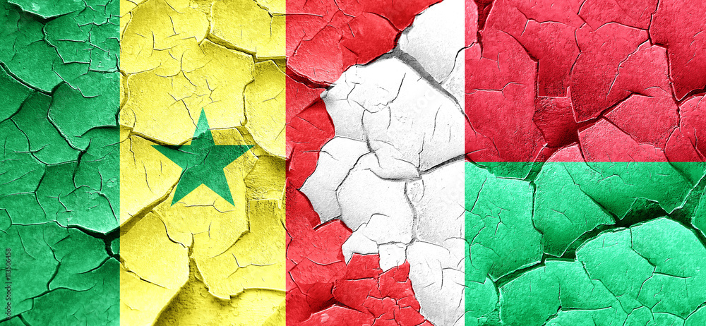 Senegal flag with Madagascar flag on a grunge cracked wall Senegal flag with Madagascar flag on a grunge cracked wall