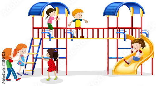 Many children playing at the playhouse