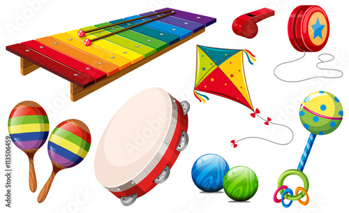 Different kind of musical instruments and toys
