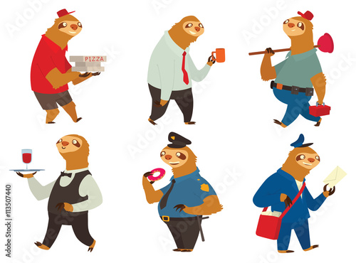 Vector set of cartoon images of cute sloths in different occupations: a pizza deliveryman, office worker, plumber, waiter, policeman and postman on a white background. Parody. Made in flat style.