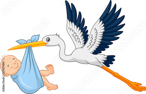 Cartoon stork carrying baby