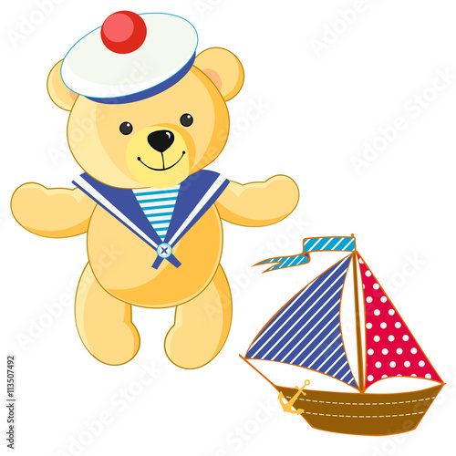 Toy teddy bear seaman, textile boat, sailboat. Summer, sea, vacation, holiday.
